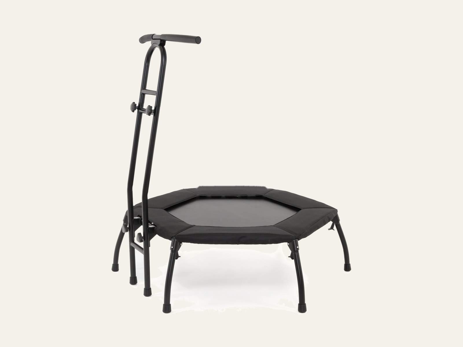 Side view of hexagonal fitness trampoline with handlebar