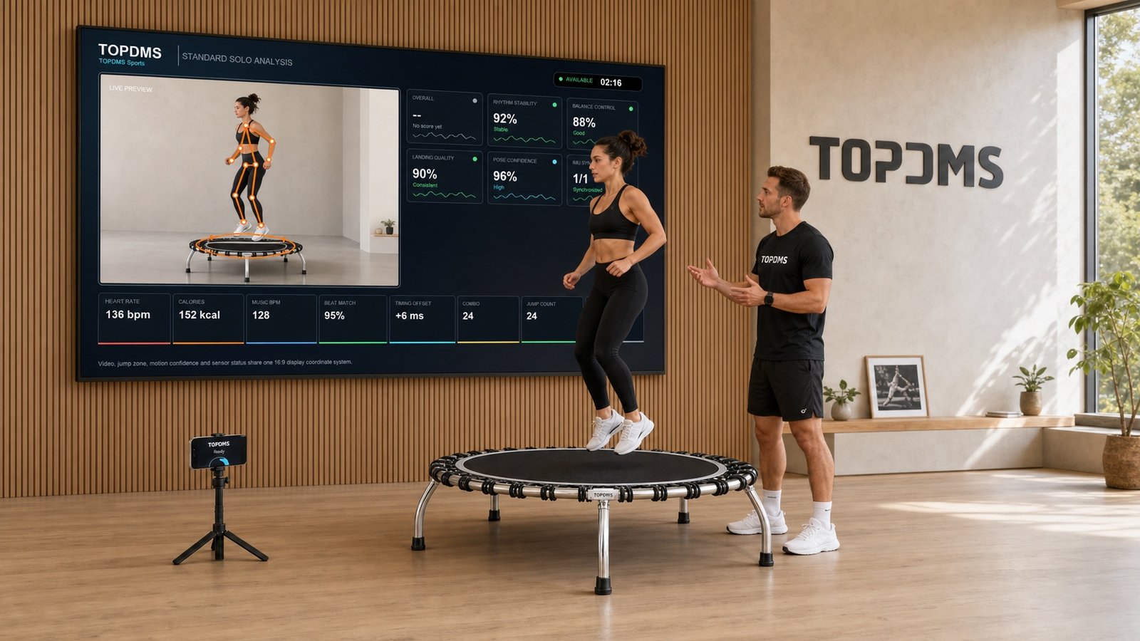 TOPDMS coach guiding an athlete beside a live video and skeleton broadcast
