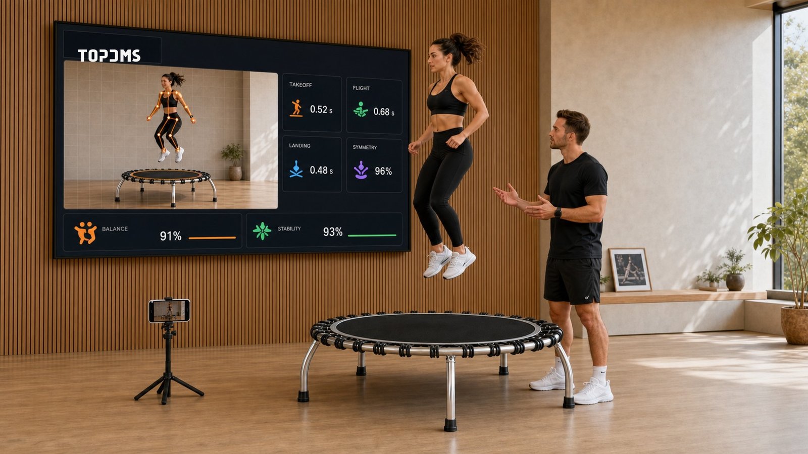 Coach-guided trampoline training with live movement-stage results.