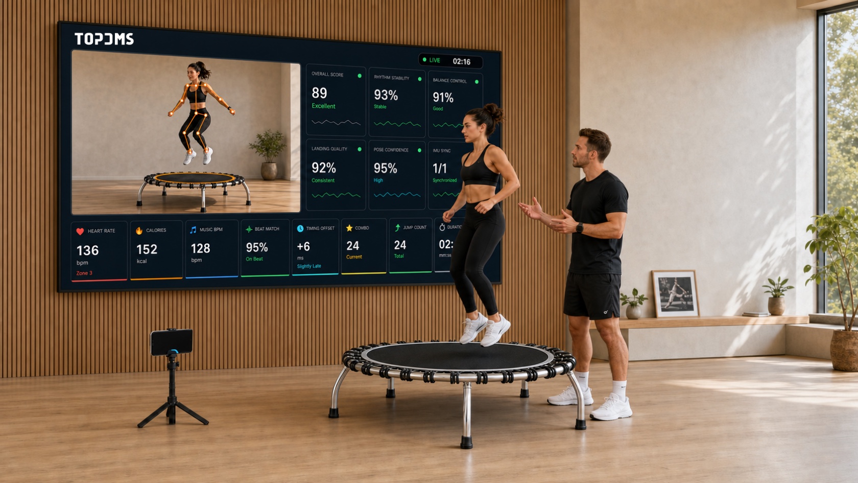 Trampoline instructor and athlete reviewing live results on a large TOPDMS display