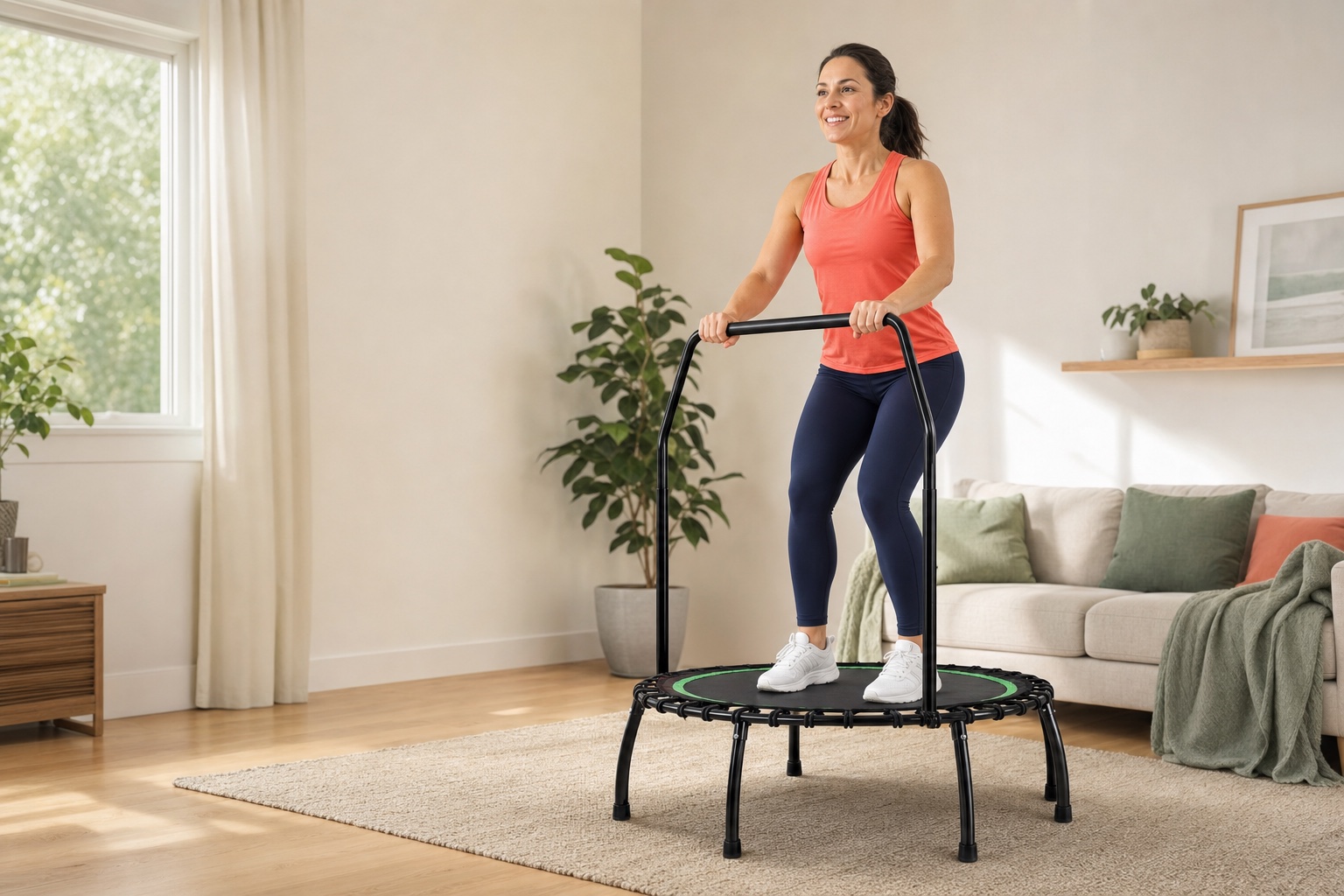 Woman using an entry-level rebound trampoline in a warm living room