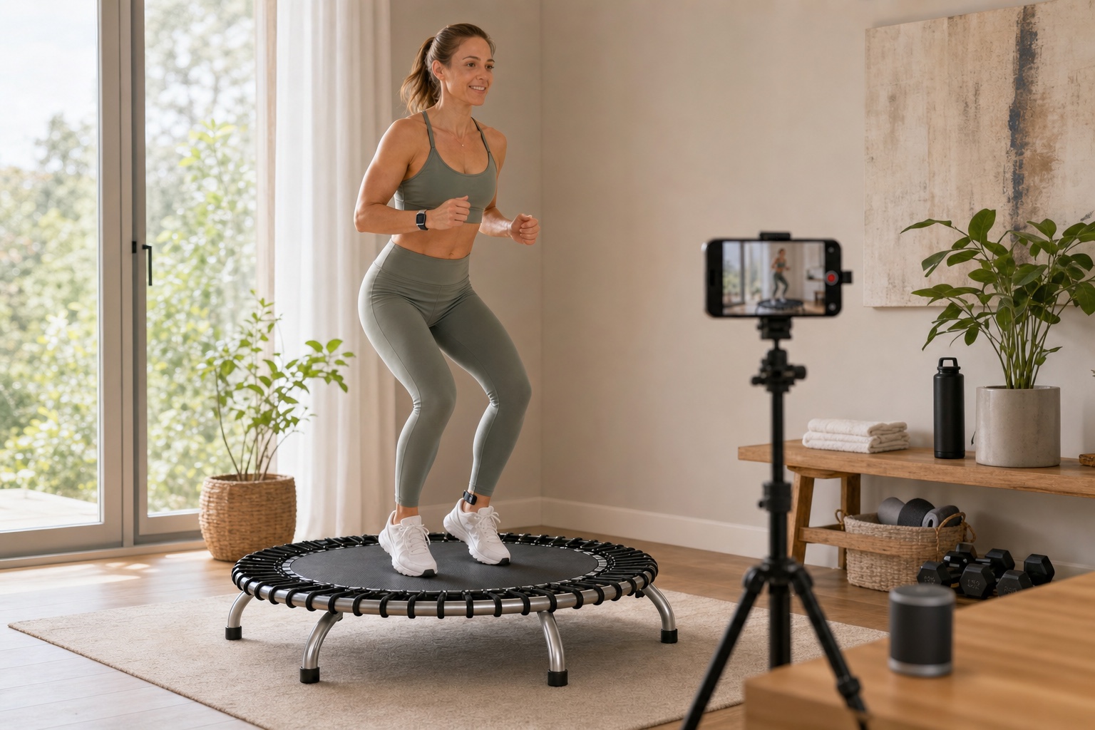Phone and optional sensor capture for a compact rebounder session