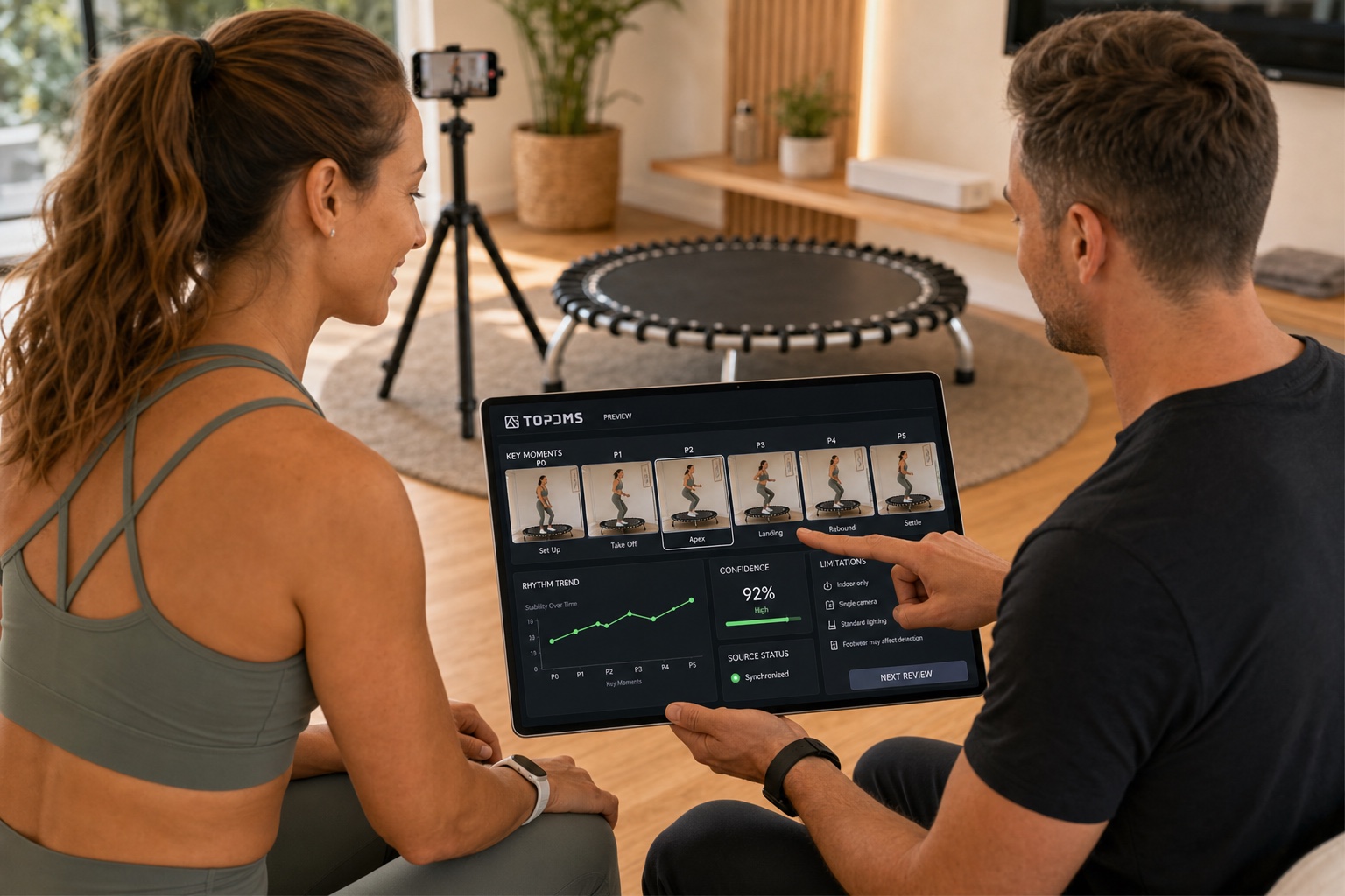 Coach and athlete reviewing keyframes trends confidence and limitations